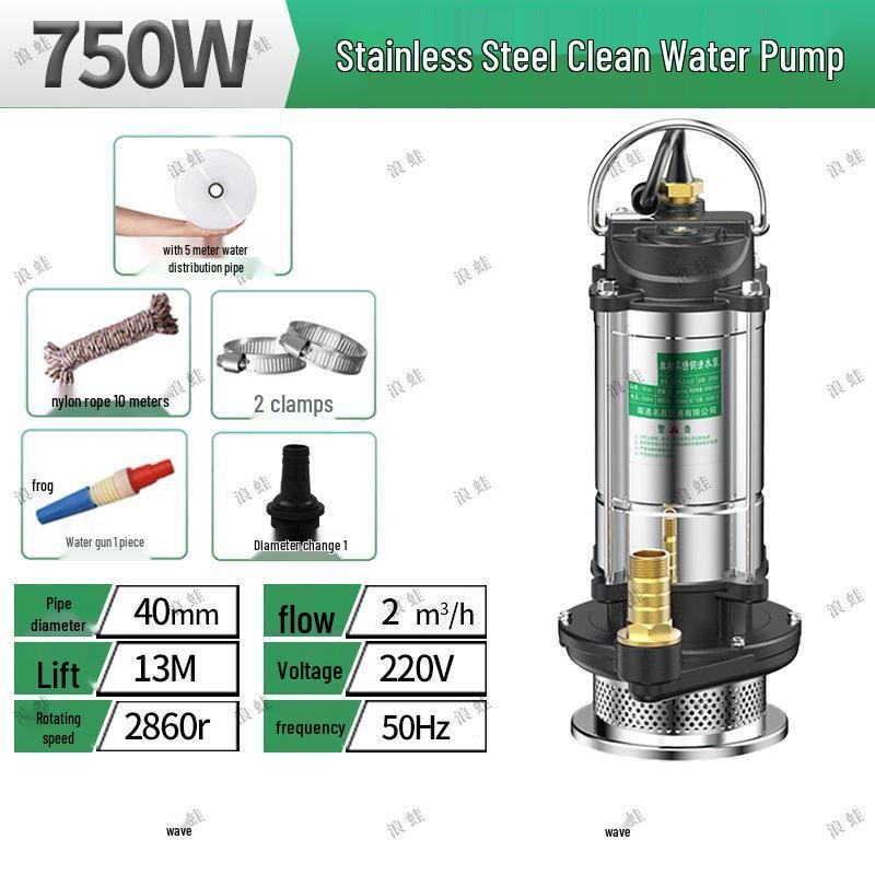 Pompe à eau submersible domestique haute puissance en acier inoxydable 220V pour usage agricole et d'eaux usées