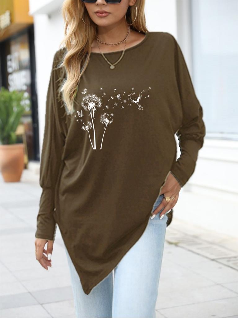 Female Fashion Printed Logn Sleeve Top Women's Oversize Long-Sleeve Spring/Fall Asymmetrical Hem T-Shirt