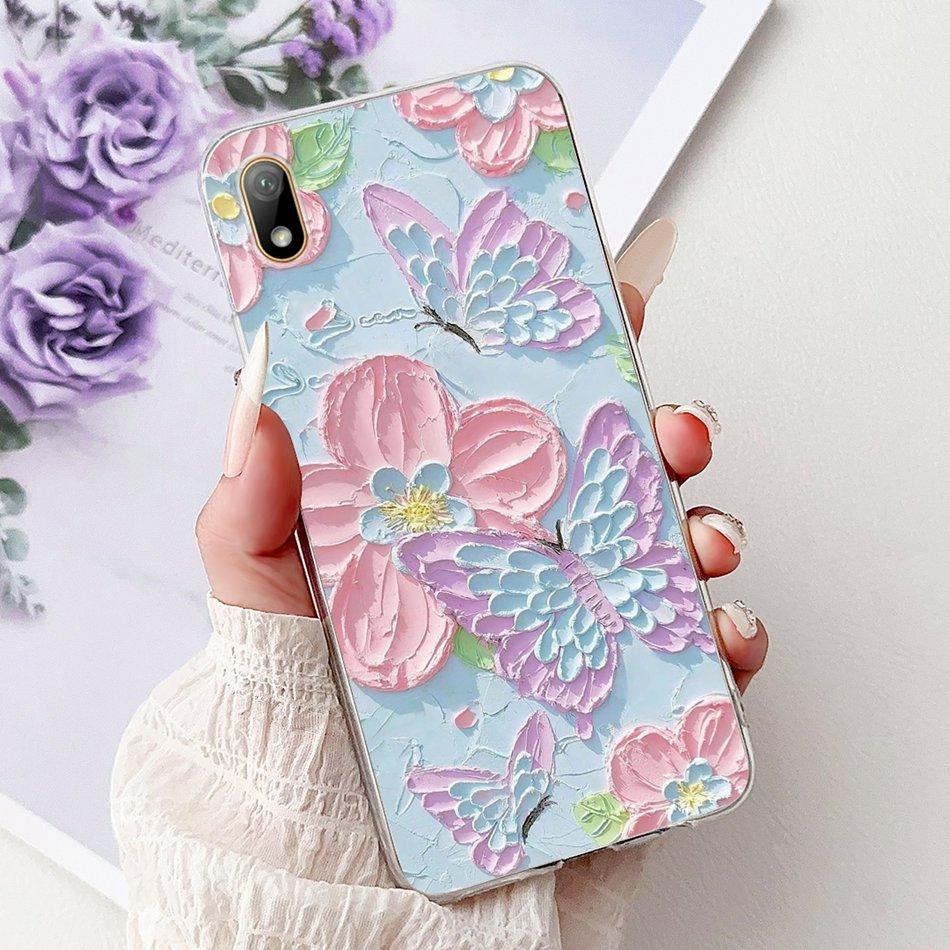 For Huawei Y5 (2019) Phone Case Y5 2019 AMN-LX9 Elegant Floral Cat Painted Soft Silicone Transparent TPU Cases