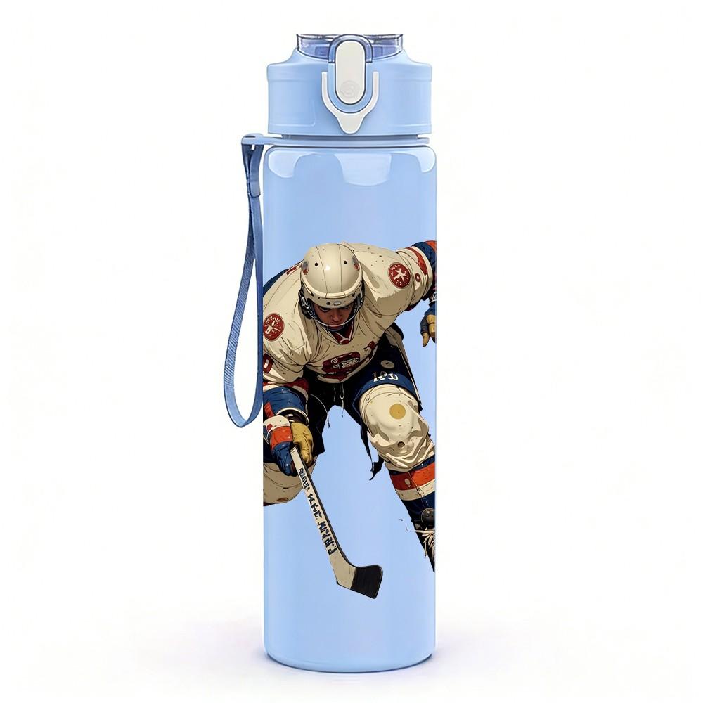 1PC Ice Hockey Athlete Cartoon Print 750ml Color Plastic Sports Water Bottle Leakproof Flip Straw Lid Suitable for Sports Office Home Use