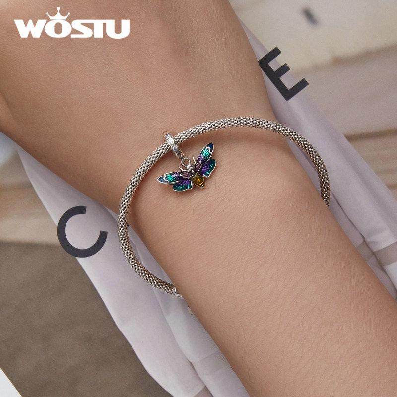 WOSTU 925 Sterling Silver Devil Flower Hanging Charm Grotesque Bee & Fish Hanging Bead Fit DIY Making Women Bracelet & Bangle Jewelry