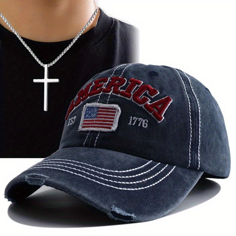

Комплект из 2 мужских бейсболок, ожерелье с язычком утки, бейсболка с американским флагом, модный индивидуальный дизайн, простой крест, ожерелье с подвеской темно-синий