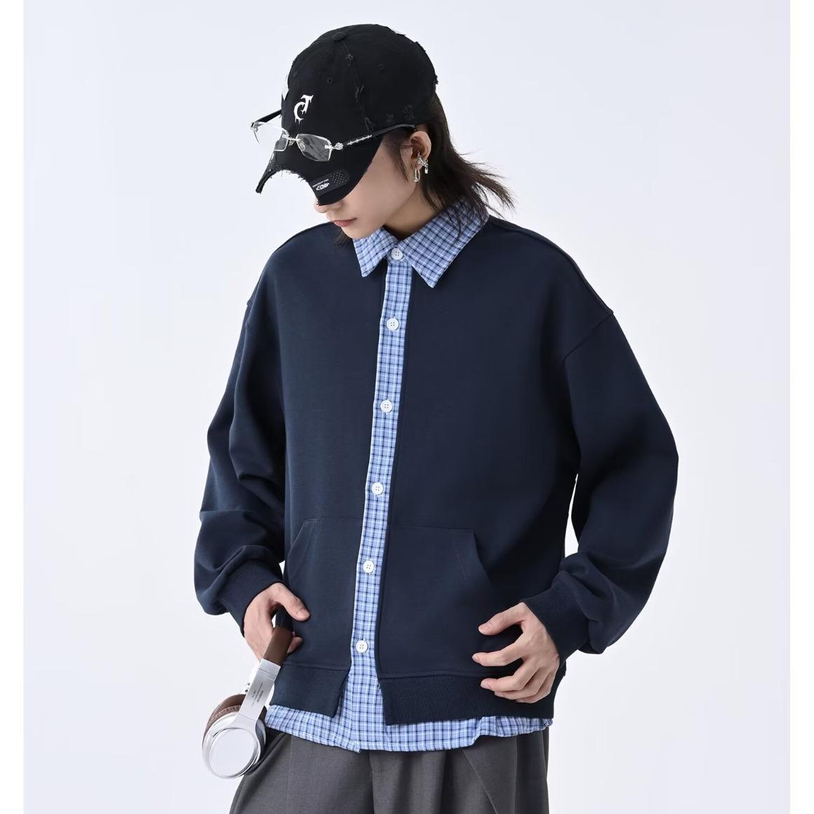 Men s American Retro Faux Two-Piece Air Layer Cardigan Hoodie Jacket Medium темно-синий