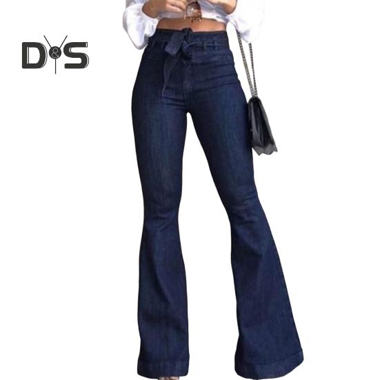 

Женские джинсы-клеш с высокой талией, эластичные расклешенные брюки, повседневные брюки с широкими штанинами для работы и отдыха M синий
