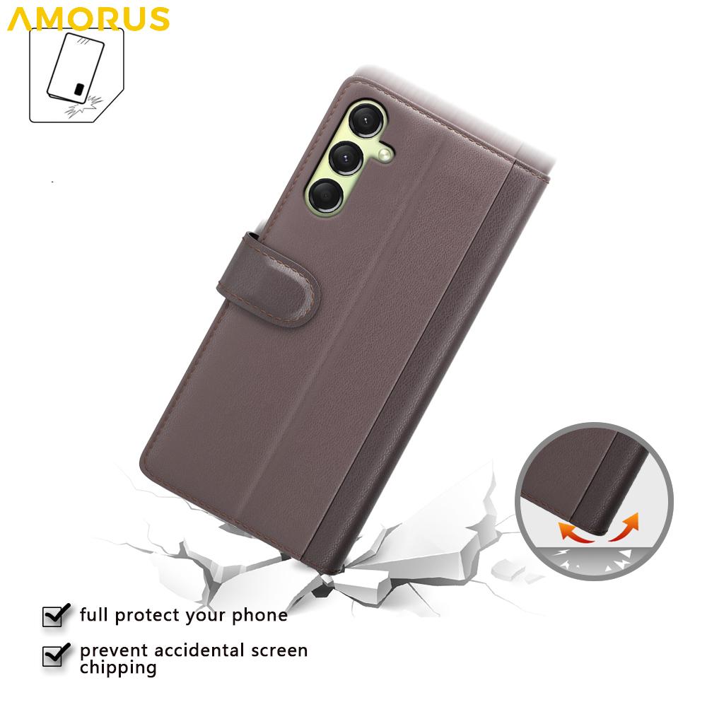 AMORUS For Samsung Galaxy A16 5G/4G Stand Cases Calf Texture Genuine Split Leather Wallet Phone Cover
