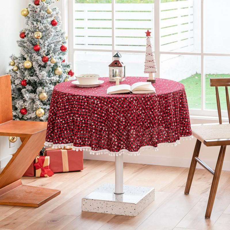 Christmas Snowflake Plaid Tablecloth Cotton Linen Blend Table Cover With Pom Poms Holiday Dining
