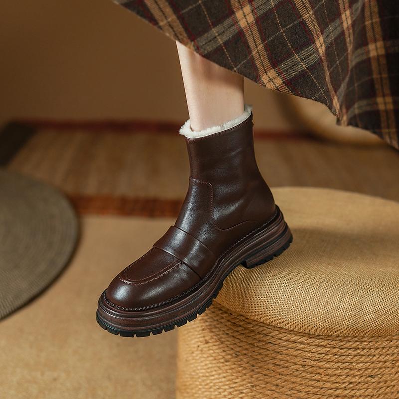 Fashion 2025 Winter Ankle Boots for Women Genuine Leather High Platforms Heels Wool Snow Boots Size Zipper Short Warm Shoes Basic Boots