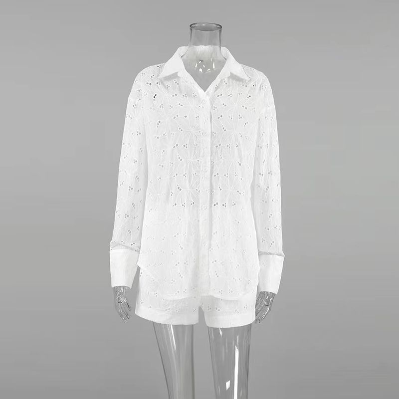 

Fashion Style Convex Jacquard Lapel Shirt Shorts Suit Embroidered Shirt and Shorts Set White L