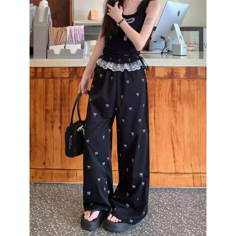 Women's Summer 2026 Sweet & Spicy Lace Trim Bow Knot Wide-Leg Pants with Elastic Waist