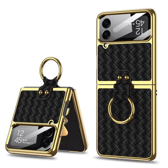 Ring Stand Capa For Samsung Galaxy Z Flip 4 5g Flip4 Case Plating Weave Textured Leather Lens Tempered Glass Plastic Pc Cover