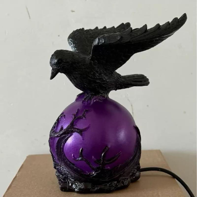 Mysterious Flying Crow Night Light with Glowing Purple Base - 3D Bird Sculpture & LED Orb for Gothic, Halloween & Home Decor