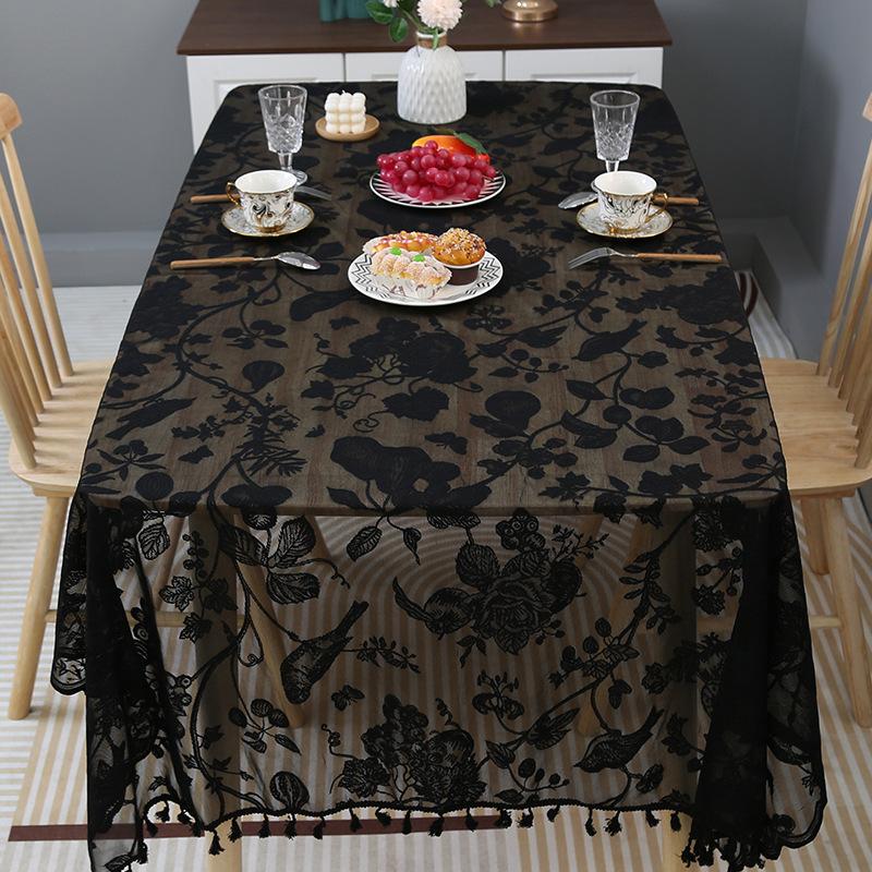 Pure Black Flower And Bird Pattern Lace Lace With Spikes Dining Table Cloth Modern Simple Household Indoor Coffee Table Cover Cloth
