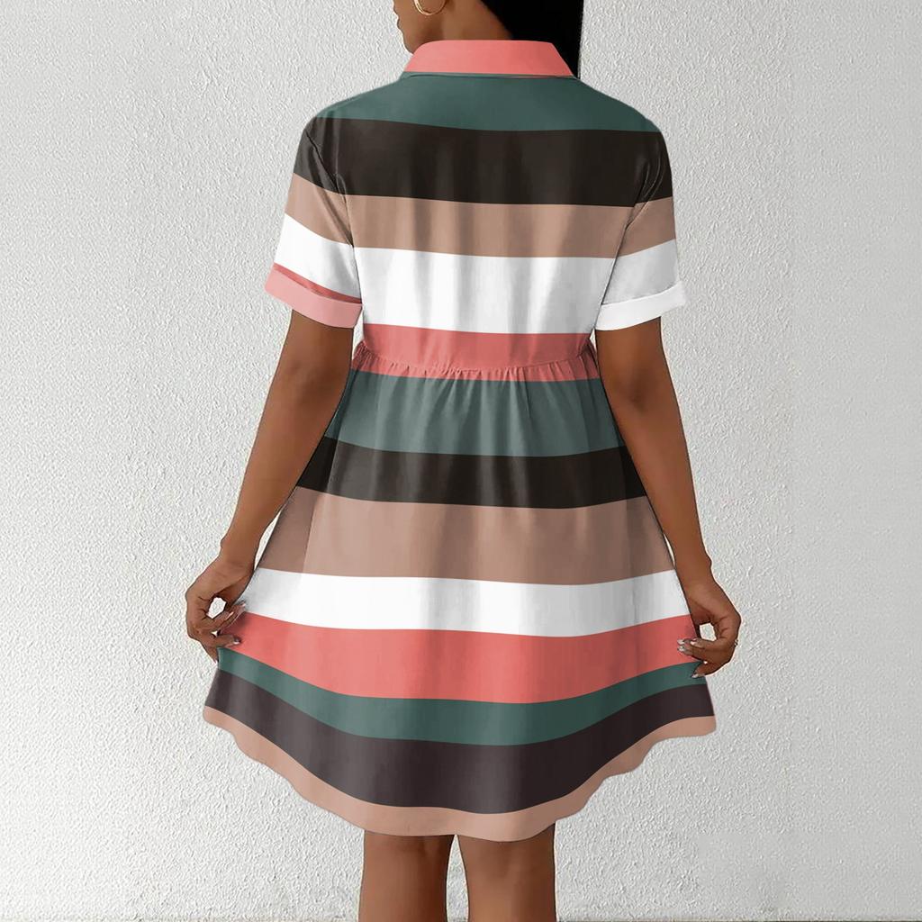 Women Loose Fit Shirt Dress Button Front Stand Collar Short Sleeve Casual Dress with Stripe Print for Daily Wear