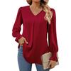 Casual V Neck Chiffon Blouse Ladies Fashion Long Sleeve Pleated Tops Loose Cuffs Shirt