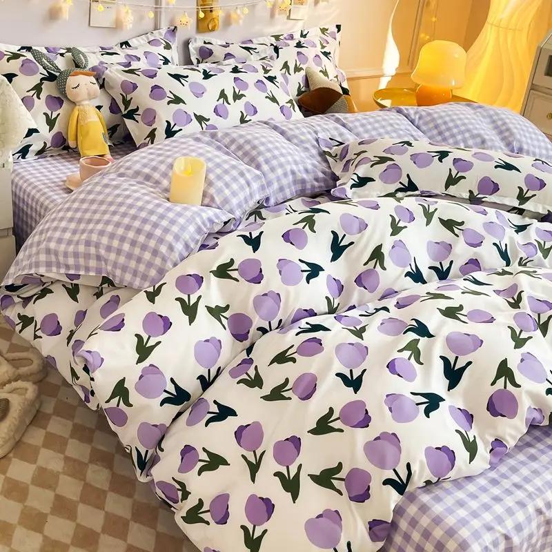 Ins Style Bedding Set Fashion Solid Color Washable Duvet Cover Without Comfortable Pillowcases Sheet for Student Soft Home Texti