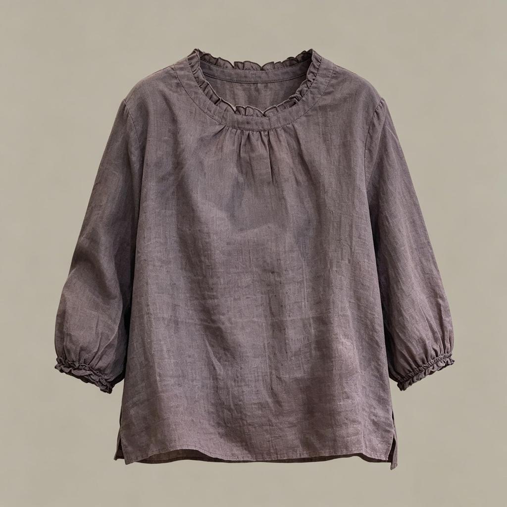 Women's Round Neck Three-Quarter Sleeve Ruffled Blouse for Casual Wear