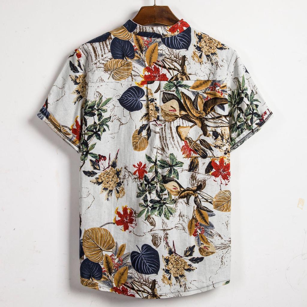 Camicia Casual Estiva da Spiaggia da Uomo con Stampa Foglie Tropicali, Collo Henley, Manica Corta