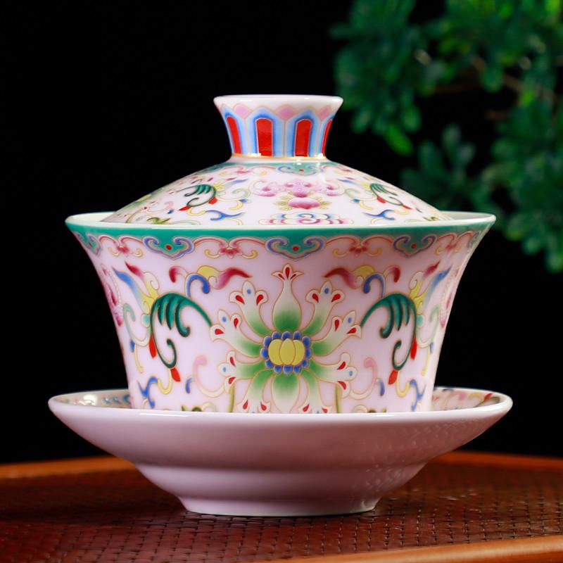 WSHYUFEI Jingdezhen Porcelain Gaiwan Exquisite Enamel Color Tea Bowl with Saucer Lid Kit Handmade ceramics Teaware 280ml