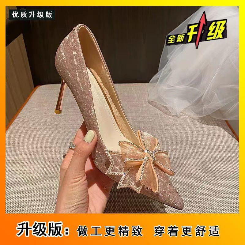 

Silver high heels slim heels fairy style dress bridesmaid gold wedding shoes pointed head light mouth bow single shoes 40