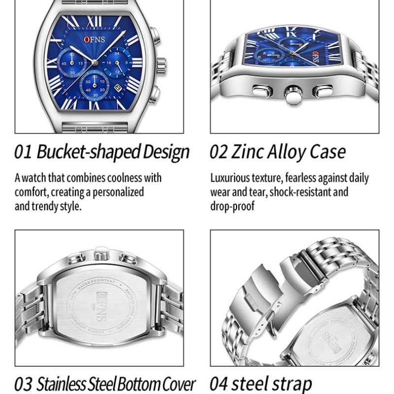 Men's Business Leisure Watch Date Chronograph Steel Quartz Wristwatches Strip Zinc Alloy Case Tempered Glass Mirror