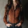 Women S Long Sleeve Retro Brown Suede Shirt Fitted Turn Down Collar