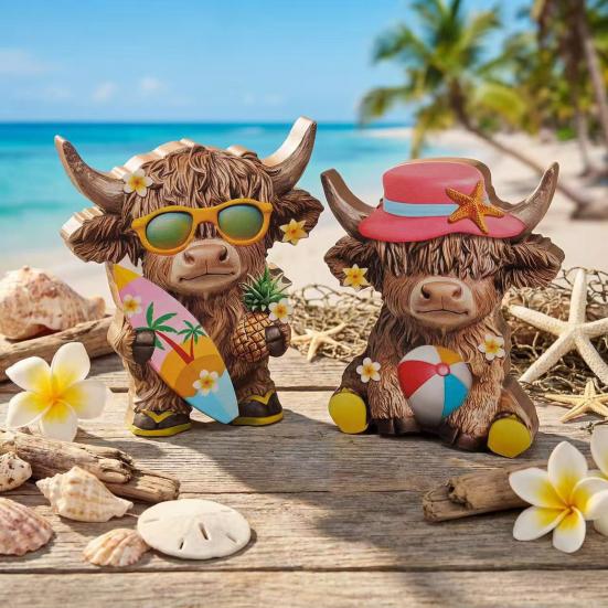 2 Piezas Figuras de Vaca de las Tierras Altas de Verano Estatua de Madera de Playa Costera Escocesa para Decoración de Mesa de Bandeja Escalonada para el Hogar Cocina