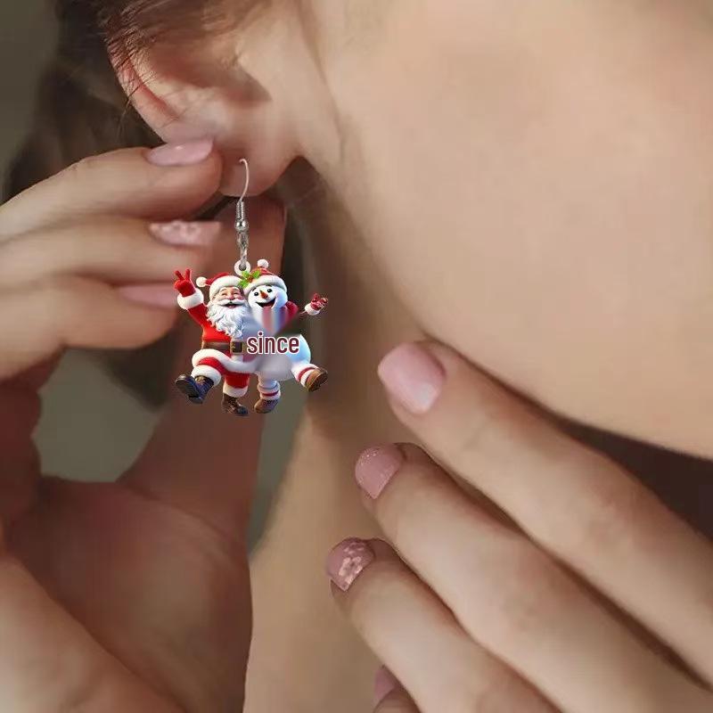 Santa Claus & Snowman Cartoon Earrings - Fun Holiday Acrylic Jewelry