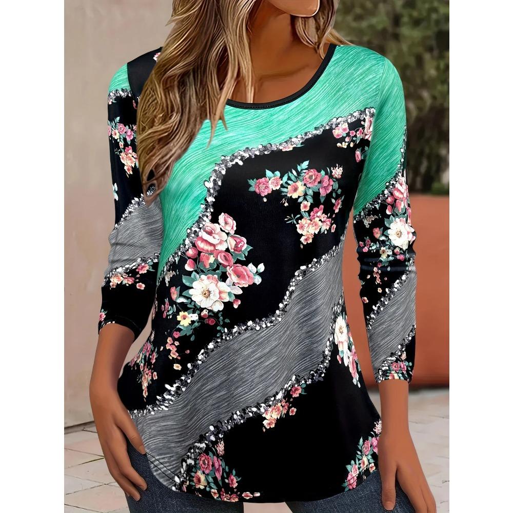 Spring and Autumn Round Neck Floral 3D Printed Top Fashionable Casual Long Sleeved Women's T-shirts