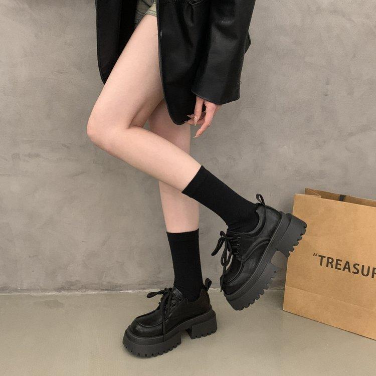 Soft leather version~ British style platform small leather shoes women's 2025 new spring height-increasing single shoes lace-up black loafers