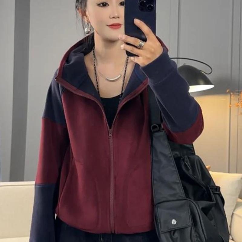 Modischer und lässiger vielseitiger Kontrast-Kapuzen-Reißverschlusstaschen-Cardigan Langarm-Jacken-Oberteil
