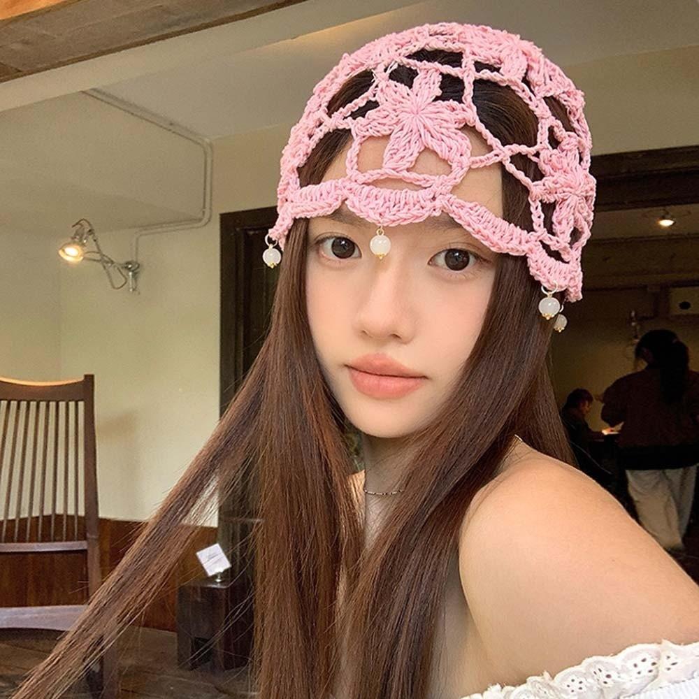 Bohemian Style Crochet Flower Knitted Hat Handmade Woven Cap Sweet Hollowed Out Beanie Cap  Summer