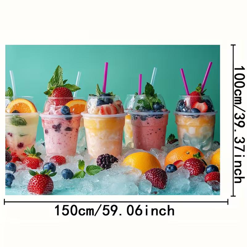 2D Teal Background Fruit Drink Tapestry, Icy Berry Smoothie Scene Background Cloth