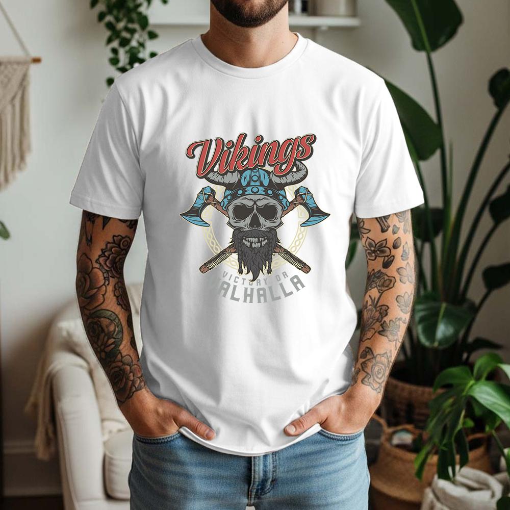 2026 Summer 100 Cotton Vikings Valhalla Graphic Oversized Tee Viking Valhalla Skull Norse Mythology Themed Short Sleeve
