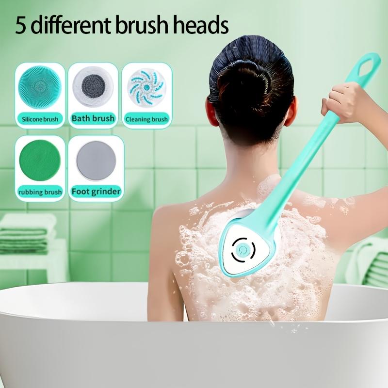6-in-1 Rechargeable Electric Shower Brush Set for Full Body & Back - USB Powered  Detachable Long Handle & Exfoliating Silicone Brush