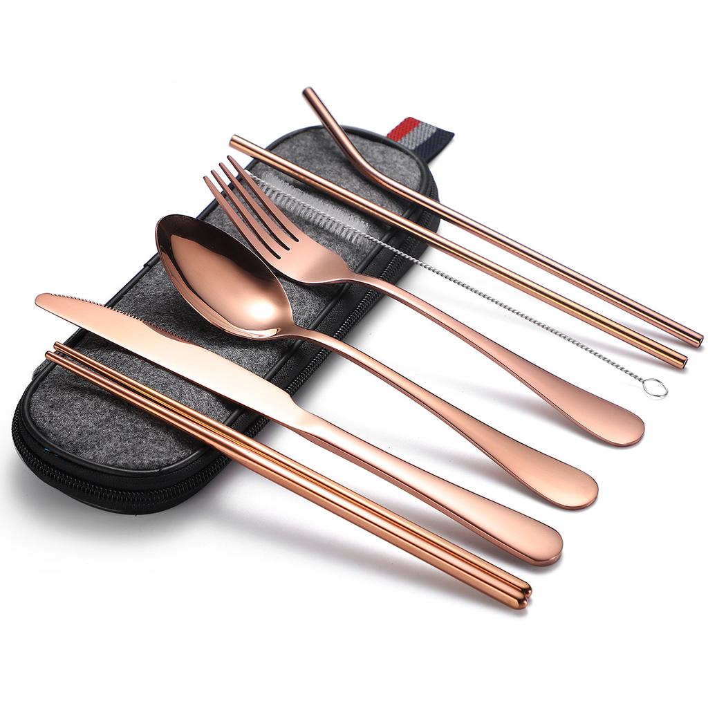 Stainless Steel Tableware Set, Portable 7-piece Set, Knife, Fork, Spoon, Chopsticks, Straw, Camping Supplies Storage, Cross-border Durability 2026
