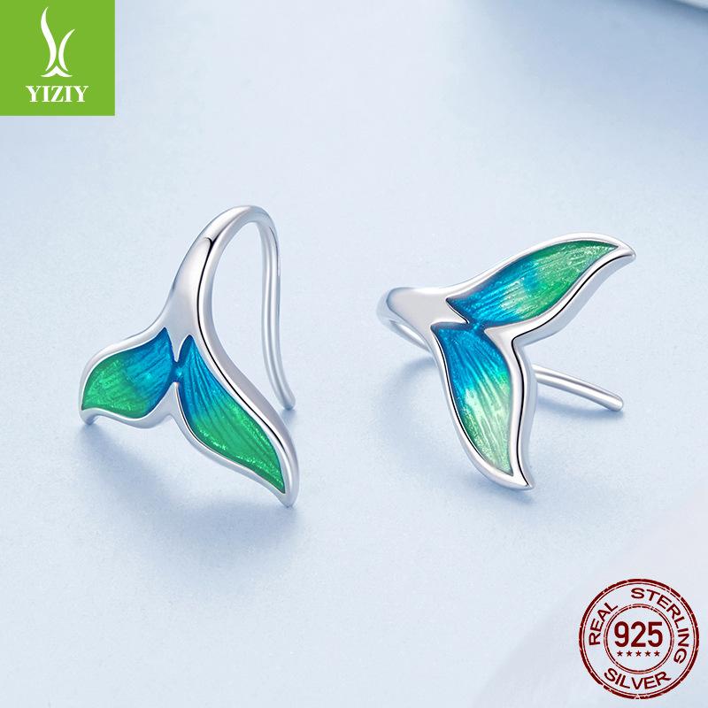 Mermaid Tail Ear Hook Earrings, Romantic Summer Colorful Fishtail S925 Sterling Silver Earrings