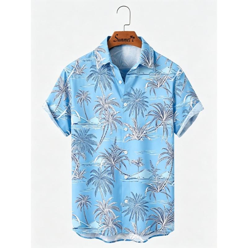 Men's Hawaiian Style Island Coconut Tree Short Sleeved Shirt with Full Print Collar Buttons, Beach Vacation Shirt