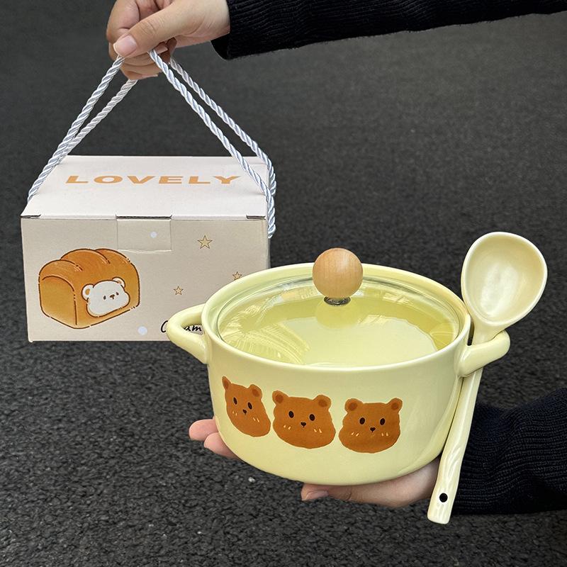 Ins Cream Wind Bear Ceramic Instant Noodle Bowl Student Dormitory Instant Noodle Bowl for Girls Birthday Gift