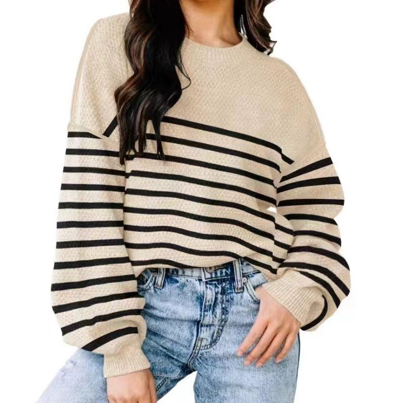 

Fashion Style round Neck Loose Fashion Casual Knitting Stripes Sweater Loose Striped Sweater Stripes camel S