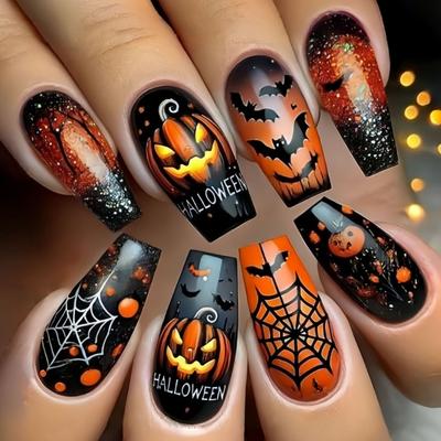 Pink Pumpkin Spiderweb Square False Nail Medium Long ABS Plastic Halloween Party Nail Art For Women And Girls