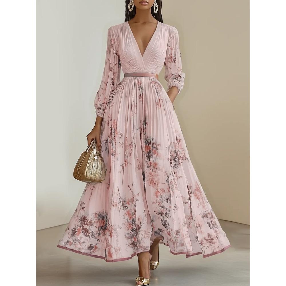 Europe, Amérique, automne et hiver, robe longue plissée mode à manches longues et col en V imprimée pour femme