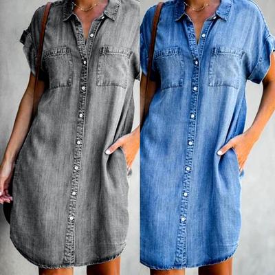 Plus Größe Denim Kleid Frauen Kurzarm Taschen einreiher Unregelmäßigen Saum Knie-länge Lose Kleid Frühling Sommer Kleider