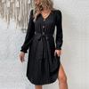 Pleated Skirt Women's Long-sleeved V-neck Commuter Lace-up Dress