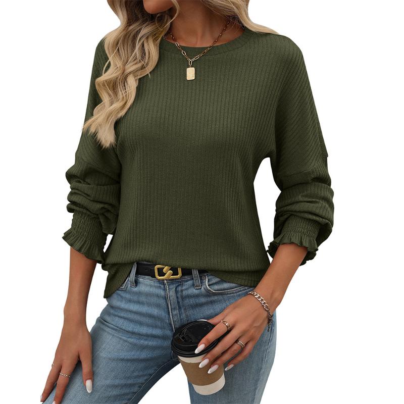 Women's Style Autumn Winter New Style Loose Pullover Casual Ribbed Ruffled Long Sleeve Crew Neck T Shirt