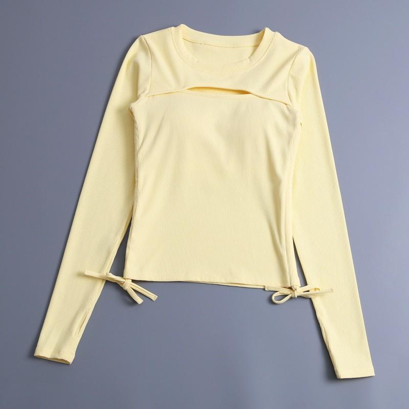 Womens Long Sleeve Yoga Top Sexy Cutout Drawstring Tight Fitness Training Sportswear