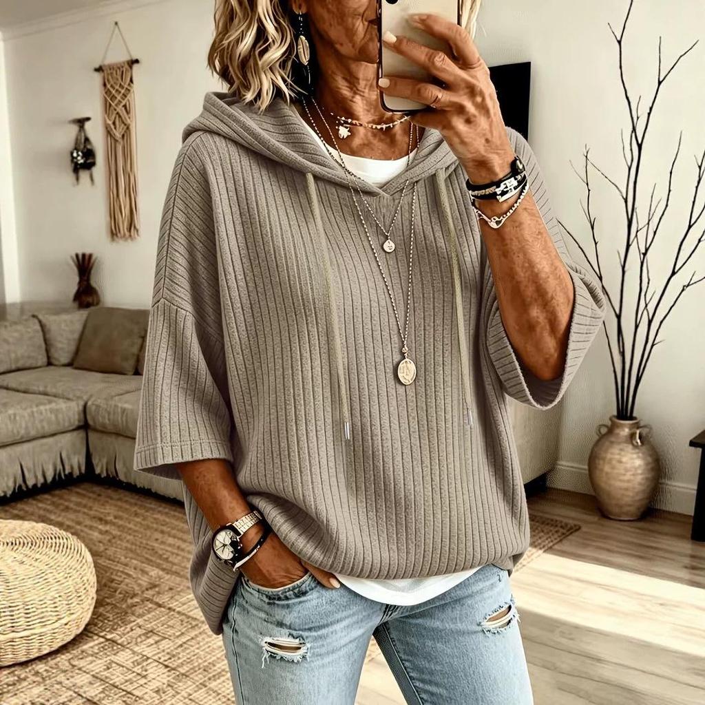 Autumn Plus Size Ribbed Batwing Sleeve Hooded Sweater for Women