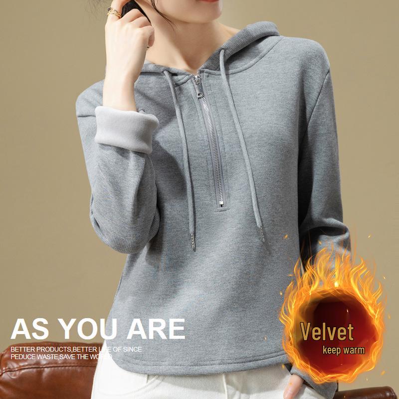 Women's Black Half-Zip Fleece Hoodie - Thickened Base Layer for Autumn/Winter 2025