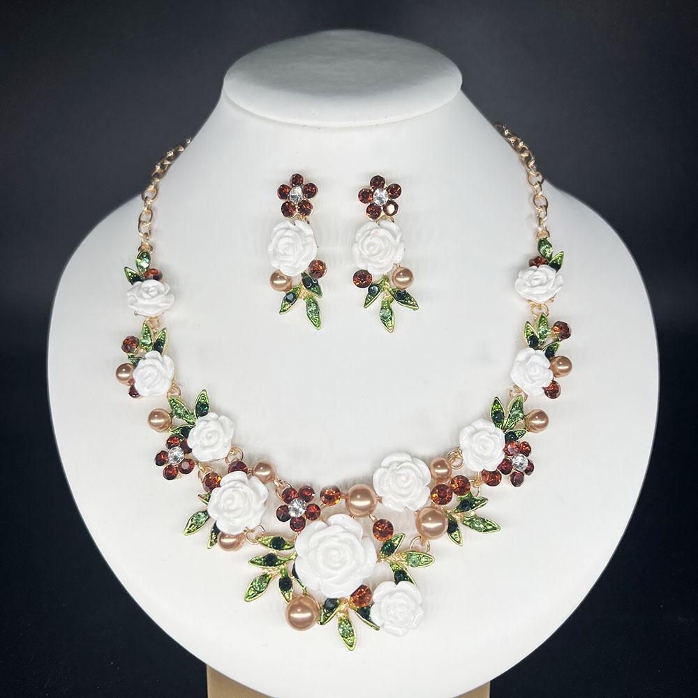1 Set Multicolor Flowers Crystal Jewelry Set Enamel Pearl Necklace Earrings Set Exquisite Luxury Bridal Jewelry Set Banquet