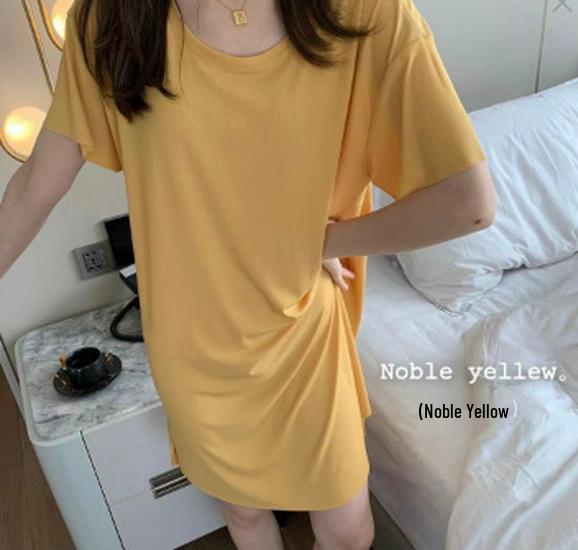 Women's Summer Ice Silk Long Nightdress: Loose Fit, Round Neck, Modal Fabric, Solid Color