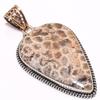 Natural Fossil Coral Gemstone 925 Sterling Silver Two Tone Pendant 2.25" I1g63
